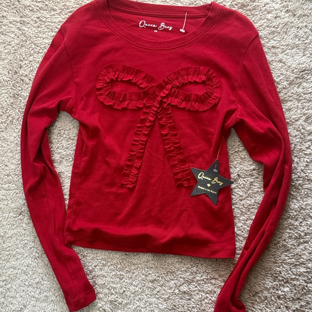Red Long Sleeve Top with Ruffle Bow